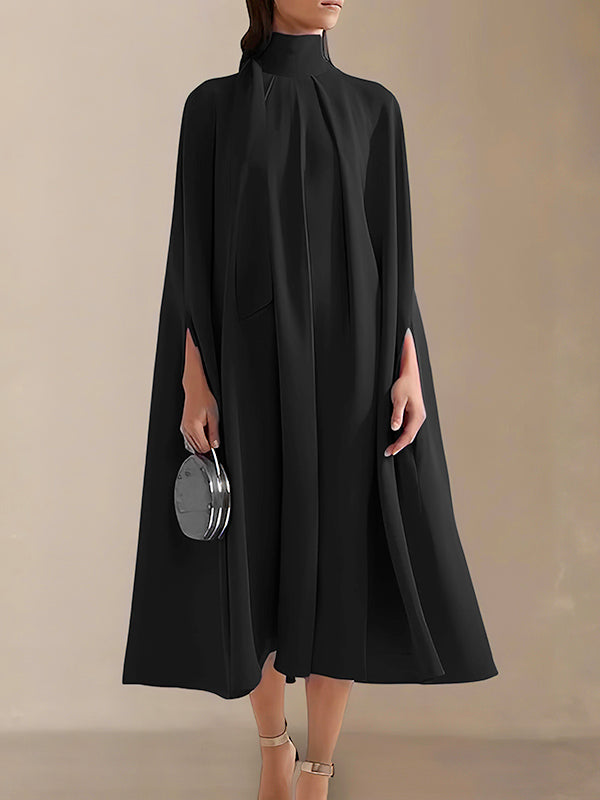 Olivia Bennet | Simple Batwing Sleeves Lace-Up Solid Color High-Neck Midi Dresses