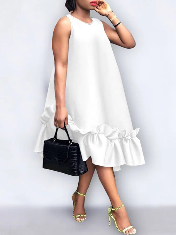 Olivia Bennet | A-Line High Waisted Pleated Pockets Ruffle Trim Solid Color Round-Neck Midi Dresses
