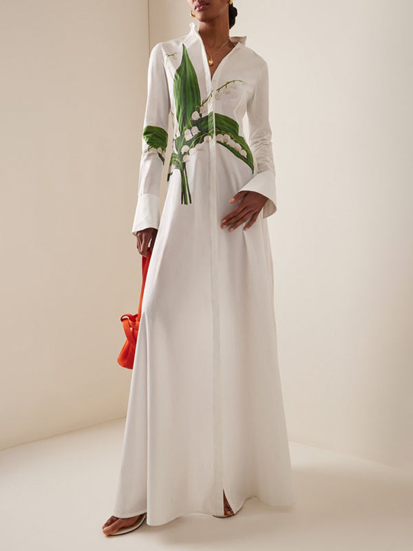 Olivia Bennet | A-Line Long Sleeves Buttoned Flower Print Round-Neck Maxi Dresses