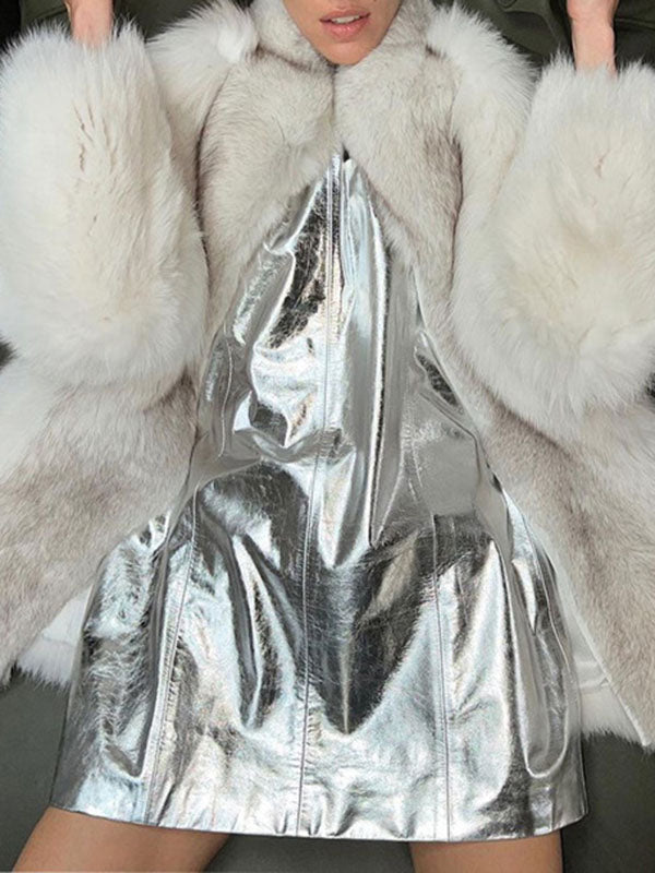 Olivia Bennet | A-line Loose Shiny Solid Color Zipper Round-neck Mini Dresses