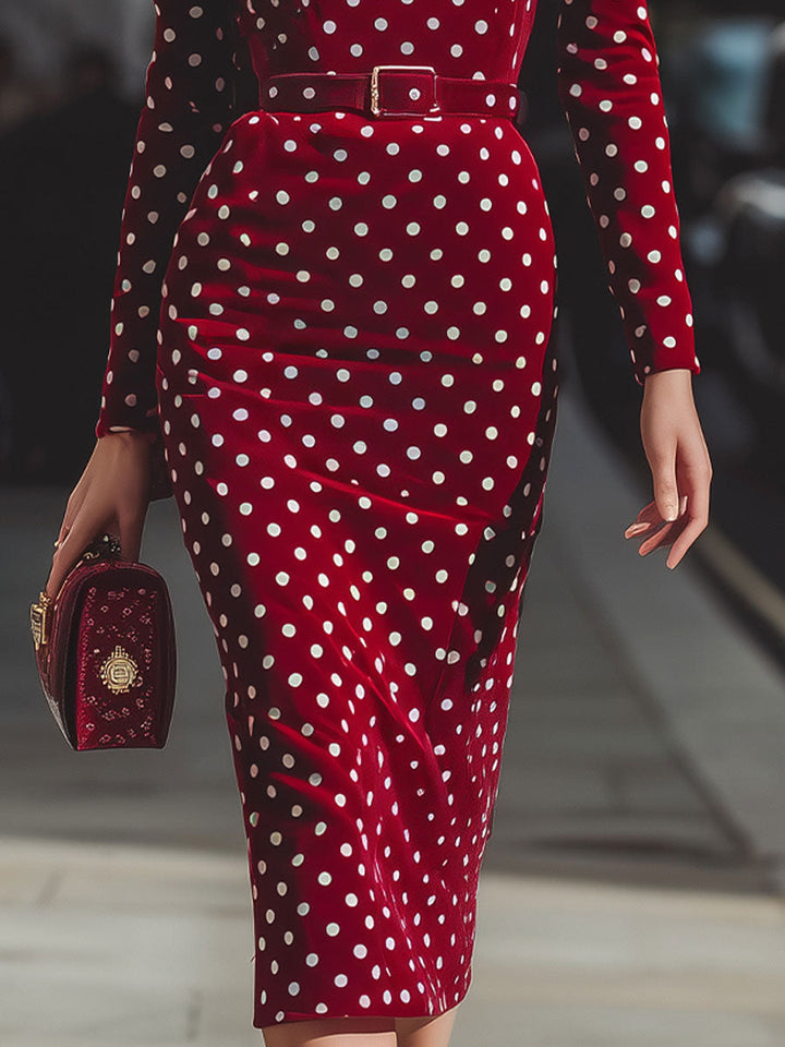 Olivia Bennet | Red Polka Dot Midi Velvet Dress