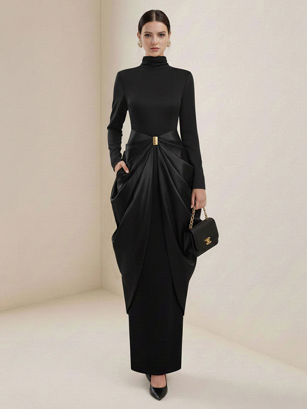 Olivia Bennet | Long Sleeves Buckle Draped High-Neck Evening Dresses Maxi Dresses