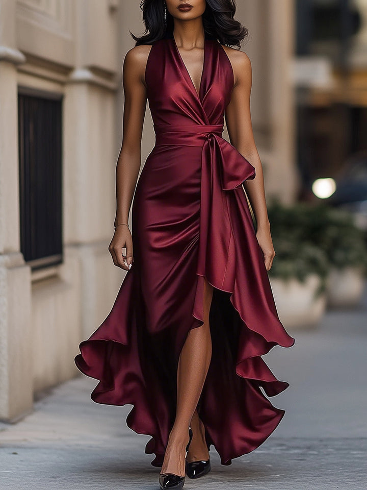 Olivia Bennet | Midnight Elegance Satin Halter Ruffle Gown