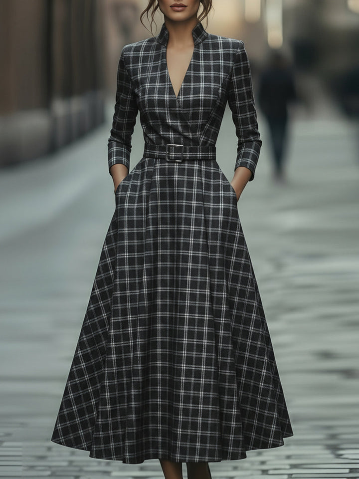 Olivia Bennet | Plaid Check Belted Dress With V-Neckline