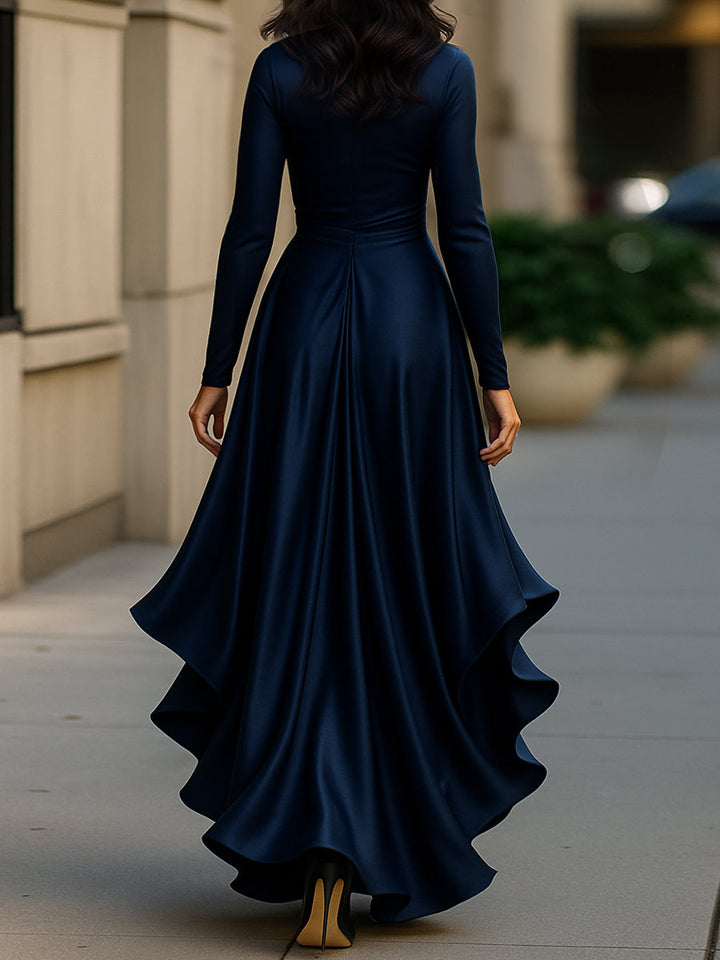 Olivia Bennet | Midnight Blue Draped Satin Maxi Dress With Ruffle Details