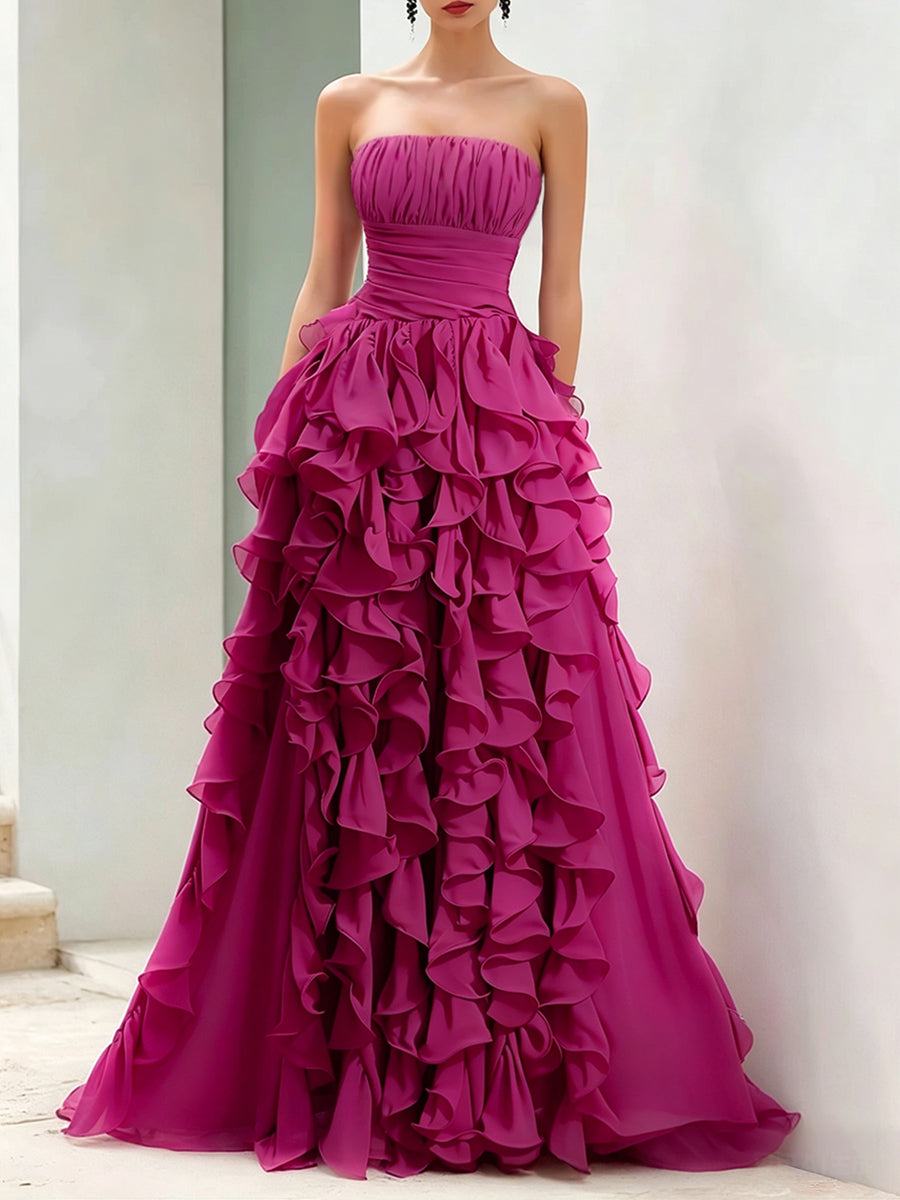 Olivia Bennet | Strapless Magenta Ruffled Ball Gown