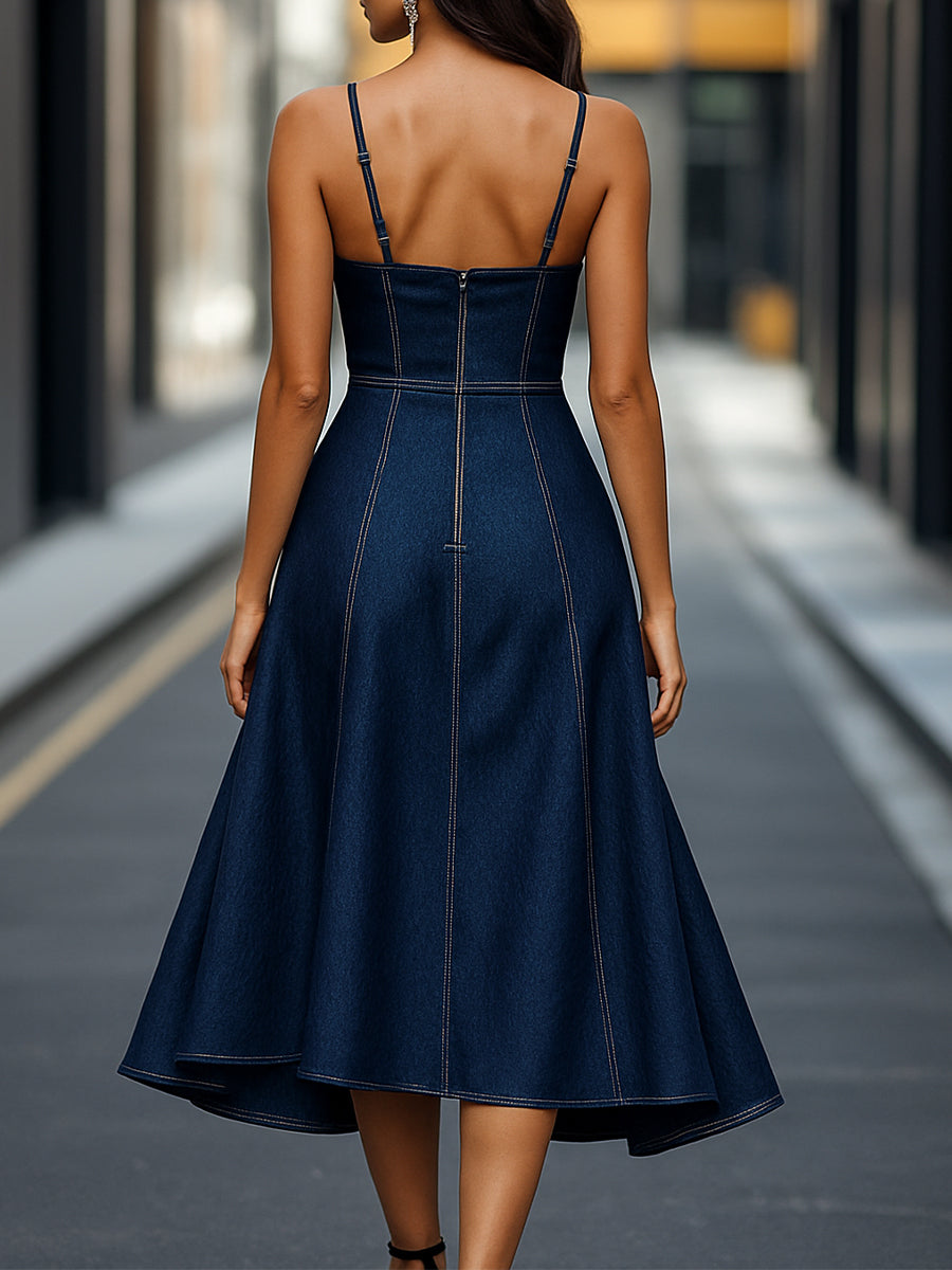 Olivia Bennet | Dark Indigo Sleeveless Midi Denim Dress