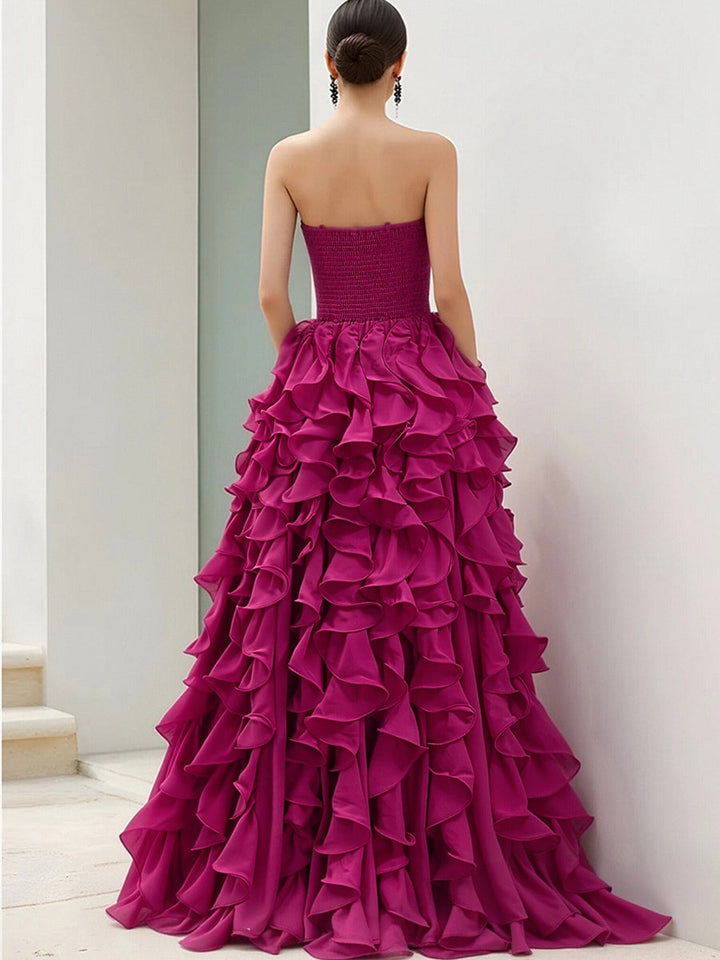 Olivia Bennet | Strapless Magenta Ruffled Ball Gown