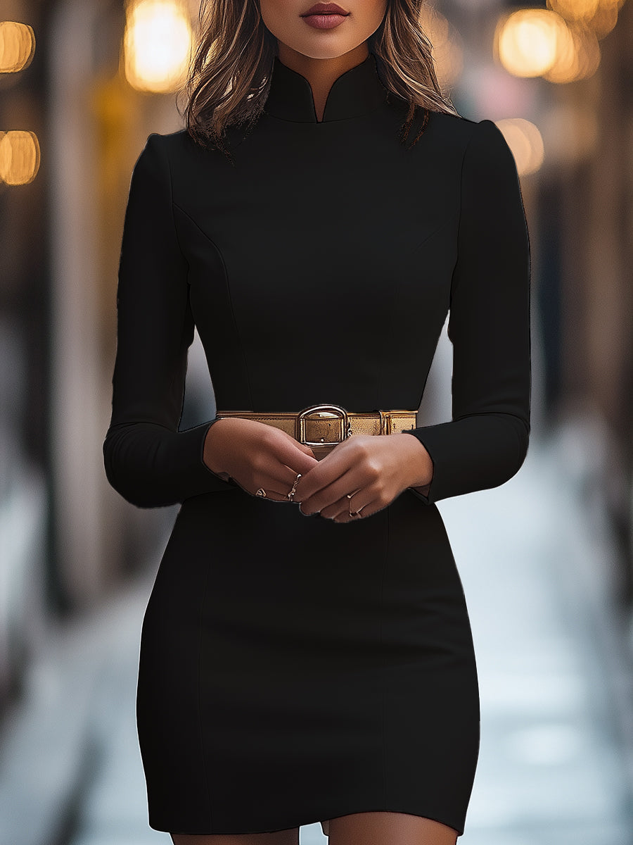 Olivia Bennet | Elegant White Mandarin Collar Dress with Belt Design