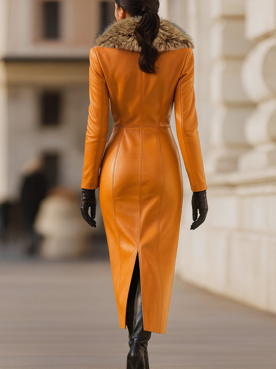 Olivia Bennet | Orange Fur-Collar Maxi Faux Leather Dress
