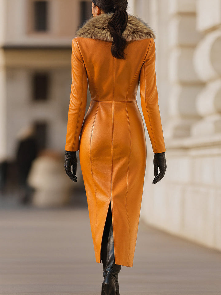 Olivia Bennet | Orange Fur-Collar Maxi Faux Leather Dress
