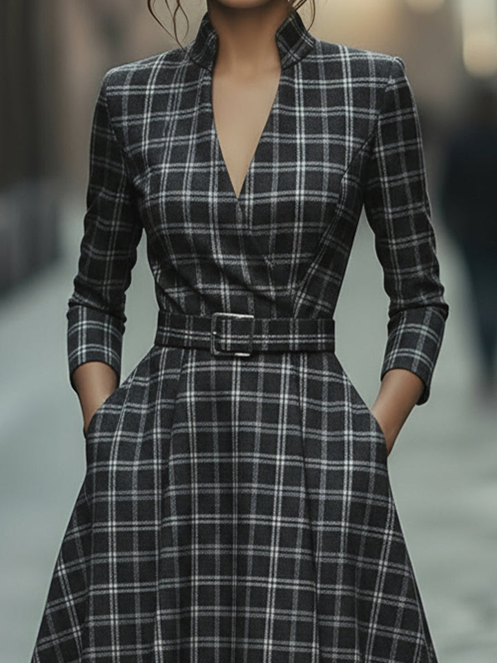 Olivia Bennet | Plaid Check Belted Dress With V-Neckline
