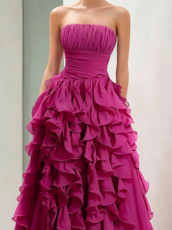 Olivia Bennet | Strapless Magenta Ruffled Ball Gown