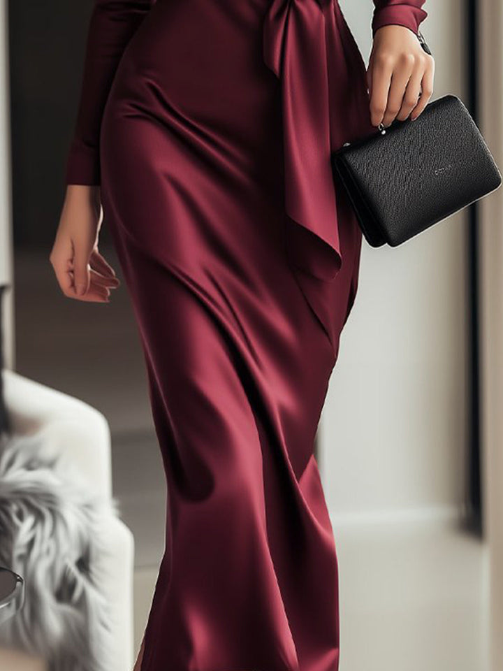 Olivia Bennet | Burgundy Wrap Waist-Tie Satin Dress