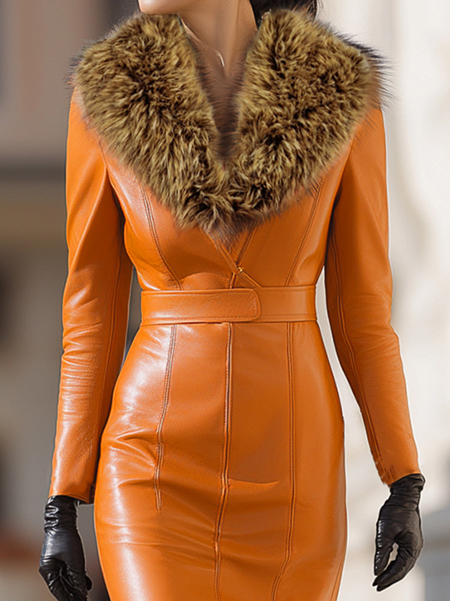 Olivia Bennet | Orange Faux Leather Maxi Dress With Luxurious Fur Collar
