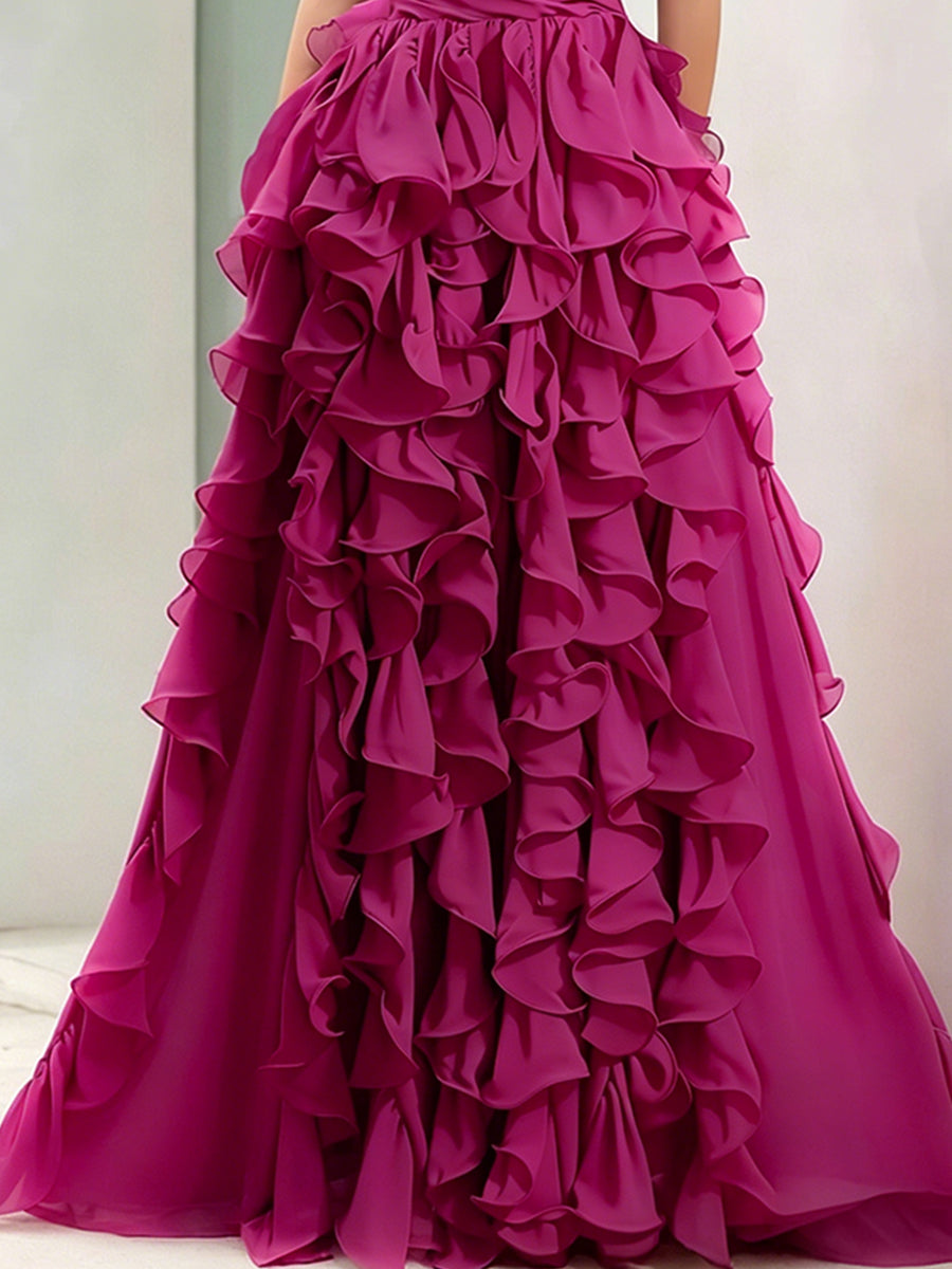 Olivia Bennet | Strapless Magenta Ruffled Ball Gown