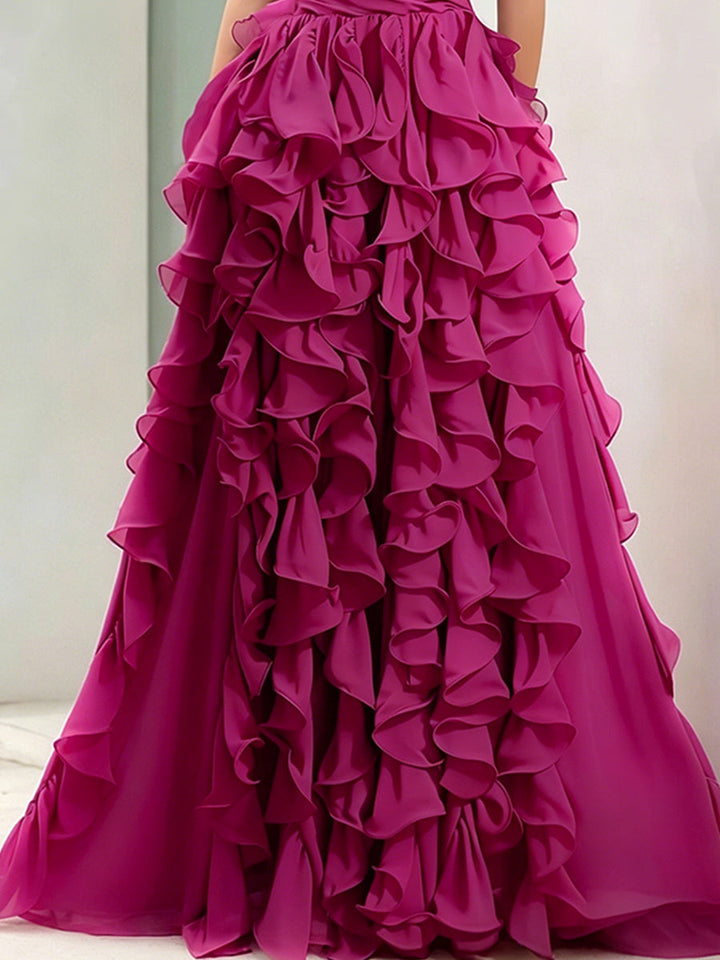 Olivia Bennet | Strapless Magenta Ruffled Ball Gown
