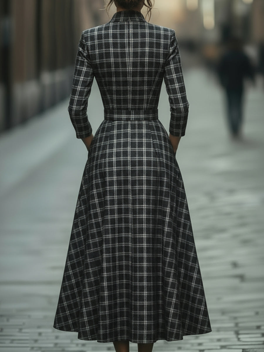 Olivia Bennet | Plaid Check Belted Dress With V-Neckline