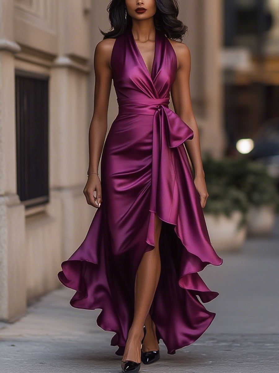 Olivia Bennet | Midnight Elegance Satin Halter Ruffle Gown