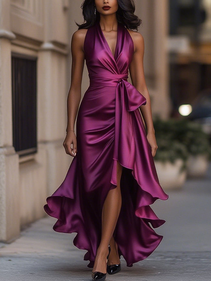 Olivia Bennet | Midnight Elegance Satin Halter Ruffle Gown
