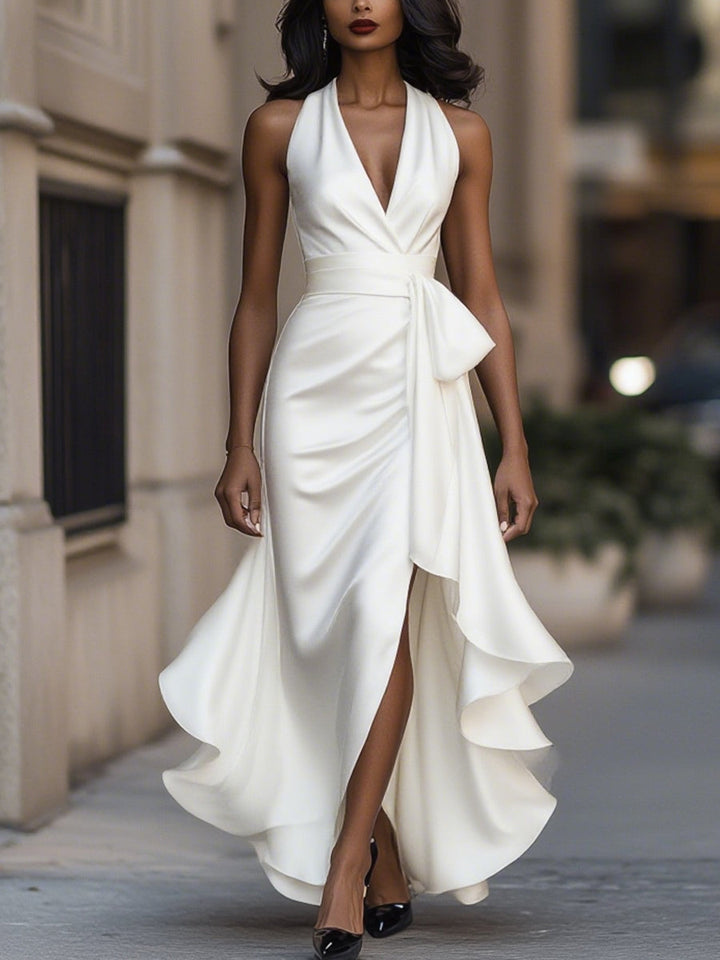 Olivia Bennet | Midnight Elegance Satin Halter Ruffle Gown