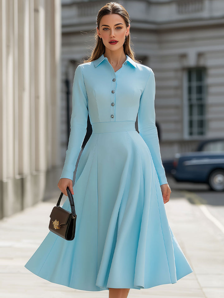 Olivia Bennet | Sky Blue Shirt-Collar Fit-and-Flare Dress