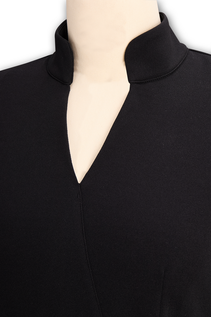 Olivia Bennet | Black Belted Mandarin Collar Structured Crepe Dress