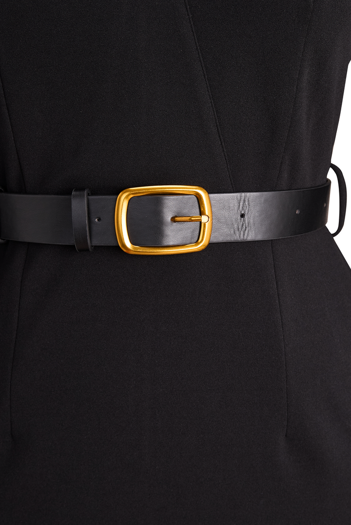 Olivia Bennet | Black Belted Mandarin Collar Structured Crepe Dress