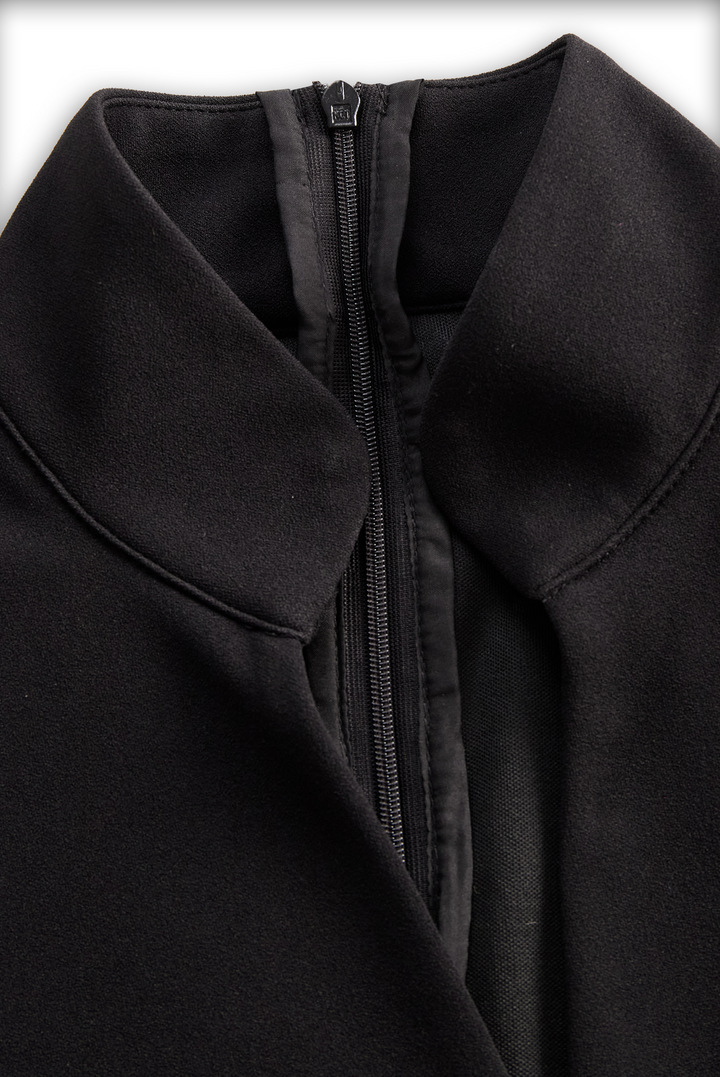Olivia Bennet | Black Belted Mandarin Collar Structured Crepe Dress