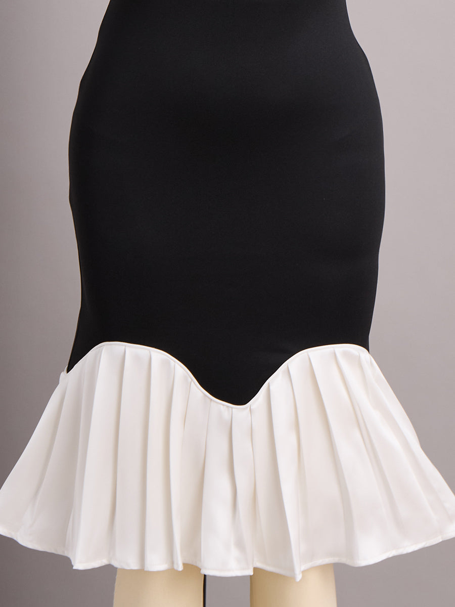 Olivia Bennet | Elegant Black and White High Neck Midi Dress