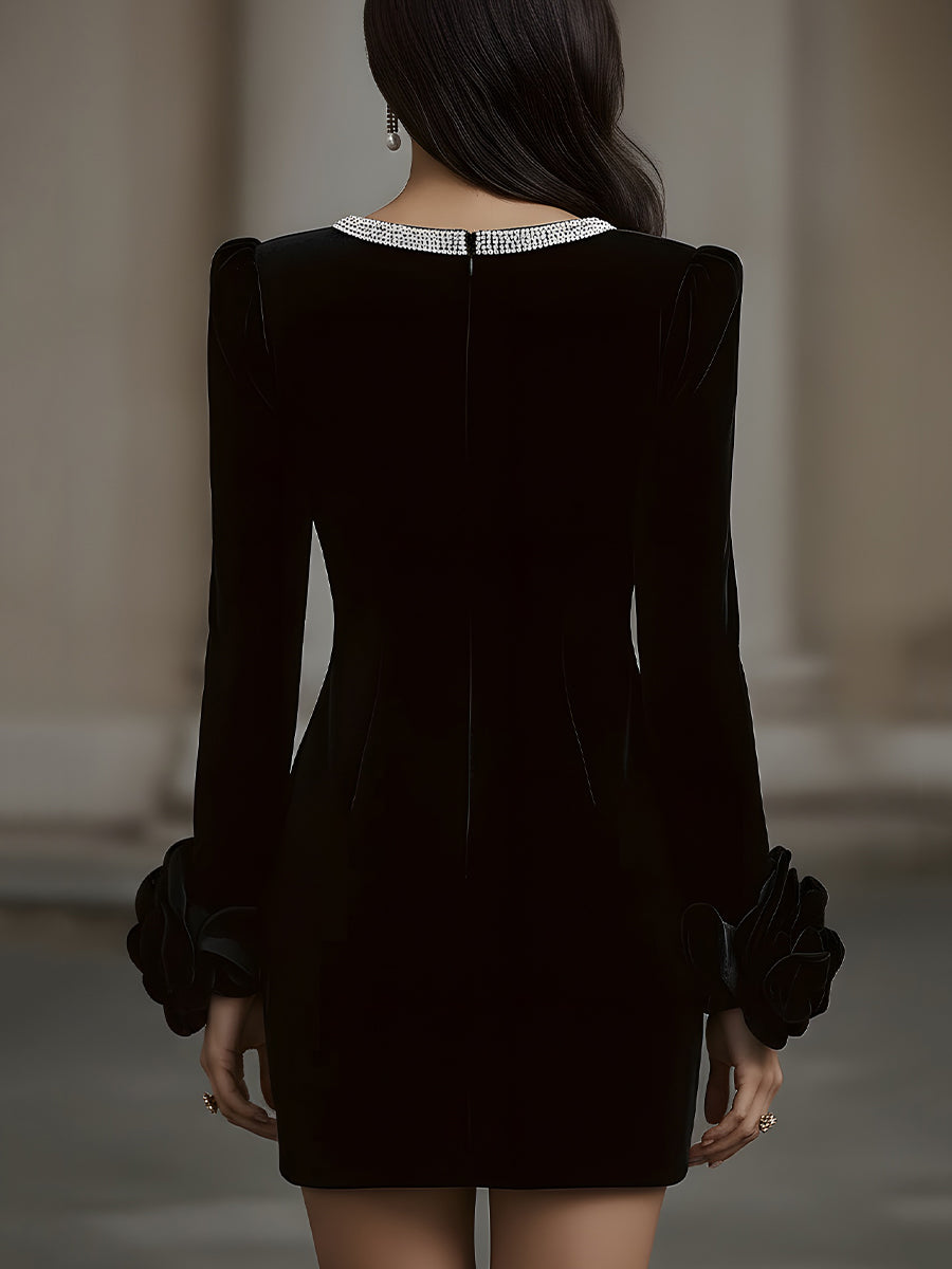 Olivia Bennet | Embellished Neckline, Floral Cuff Velvet Mini Dress