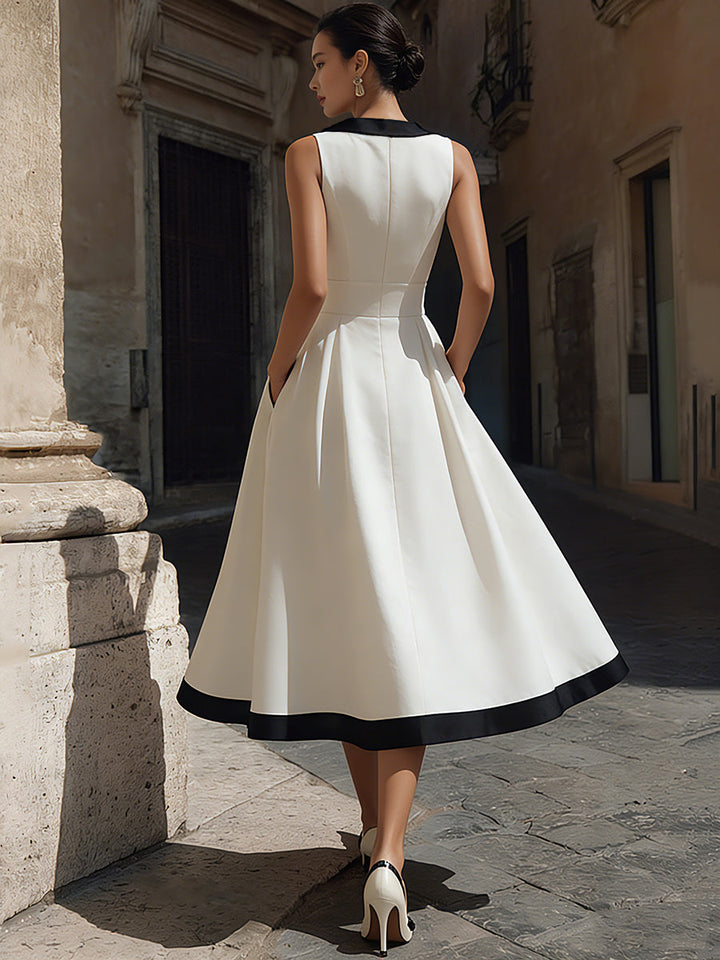 Olivia Bennet | Elegant V-Neck A-Line Midi Dress With Contrast Trim And Pockets