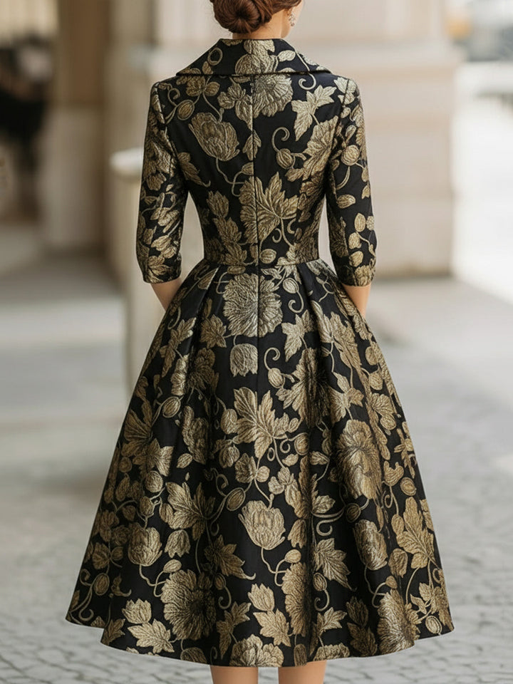 Olivia Bennet | Black & Gold Floral Midi Jacquard Dress