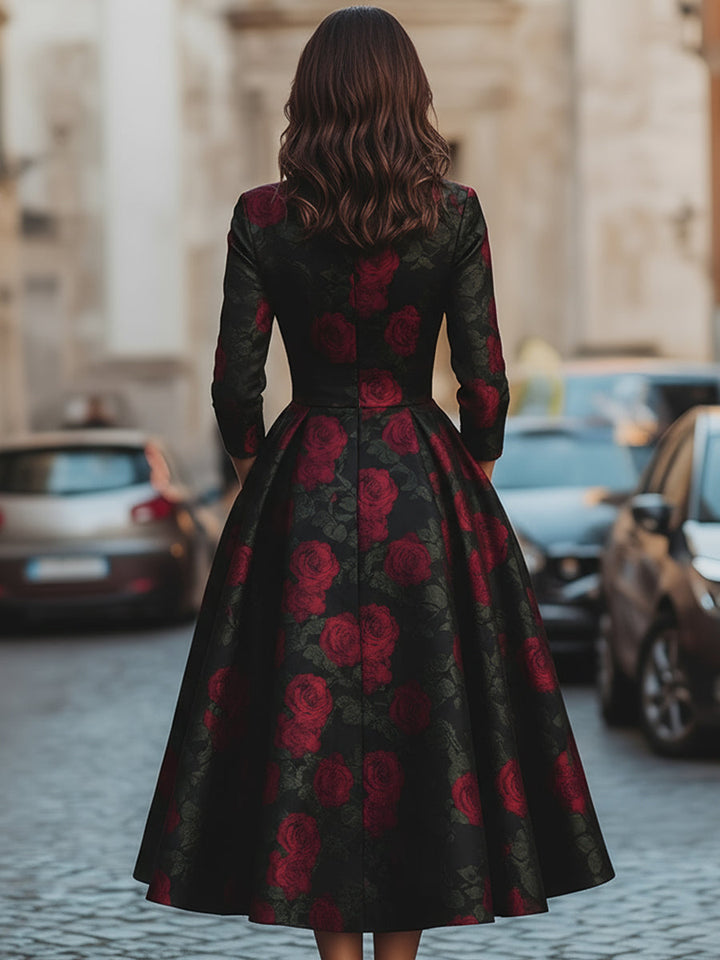 Olivia Bennet | Rose-Print Midi Jacquard Dress