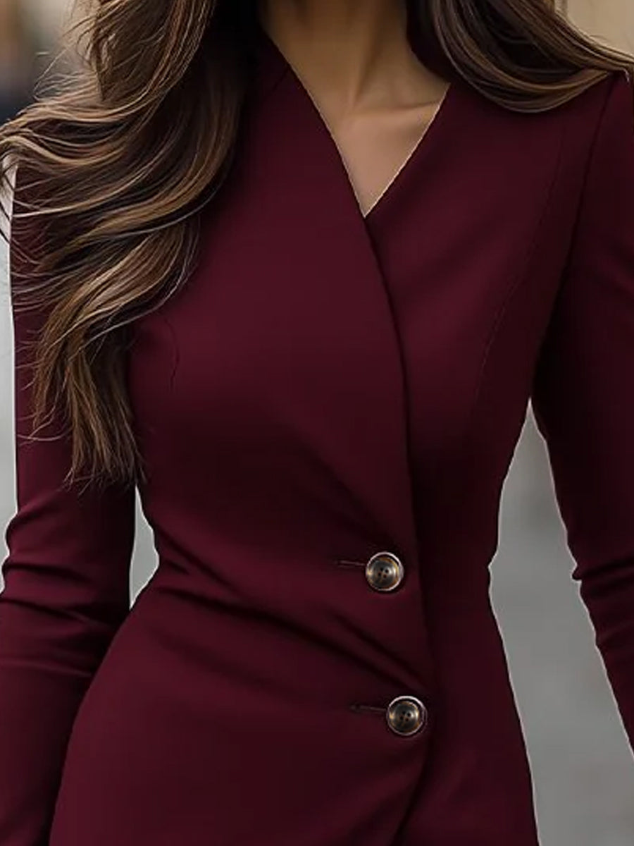 Olivia Bennet | Burgundy Wrap-Style Buttoned Midi Dress