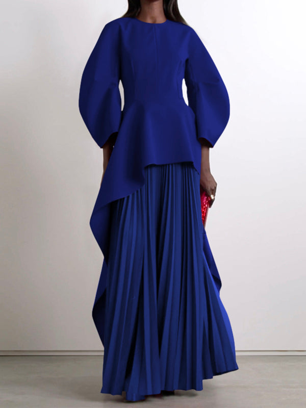 Olivia Bennet | Long Sleeves Loose Pleated Solid Color Split-Joint Tiered Round-Neck Maxi Dresses