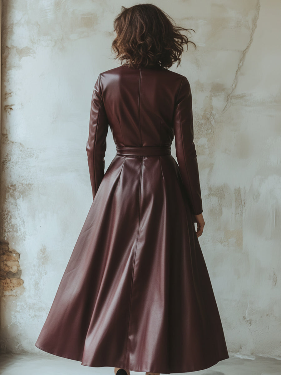 Olivia Bennet | Burgundy Belted Leather Midi Dress