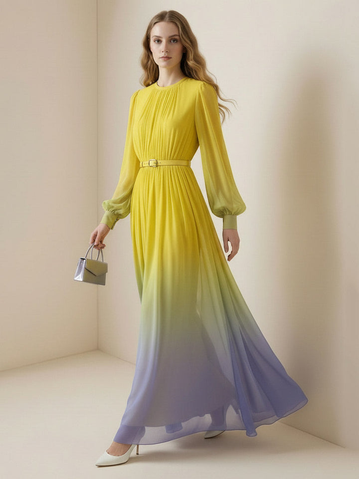 Olivia Bennet | High Waisted Long Sleeves Belted Contrast Color Gradient Pleated Split-Joint Round-Neck Maxi Dresses