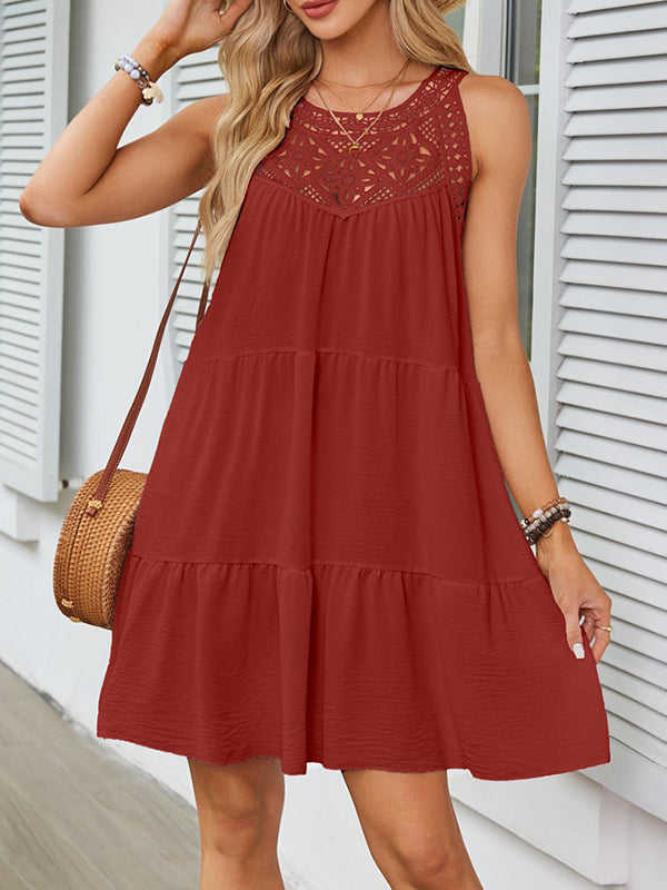 Olivia Bennet | A-Line Loose Hollow Pleated Solid Color Split-Joint Round-Neck Mini Dresses