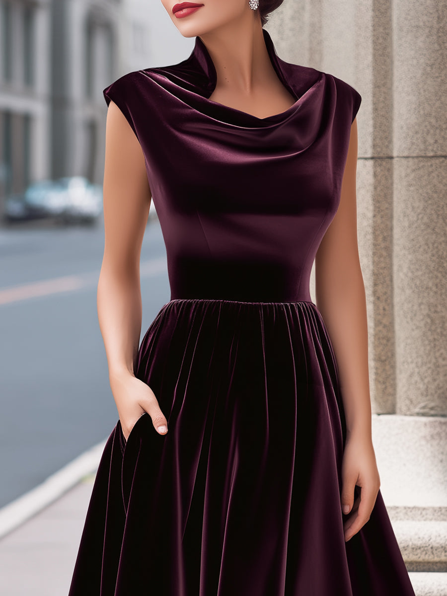 Olivia Bennet | Black Cowl-Neck A-Line Velvet Evening Gown
