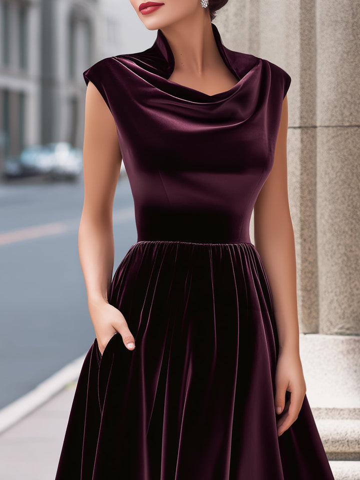 Olivia Bennet | Black Cowl-Neck A-Line Velvet Evening Gown
