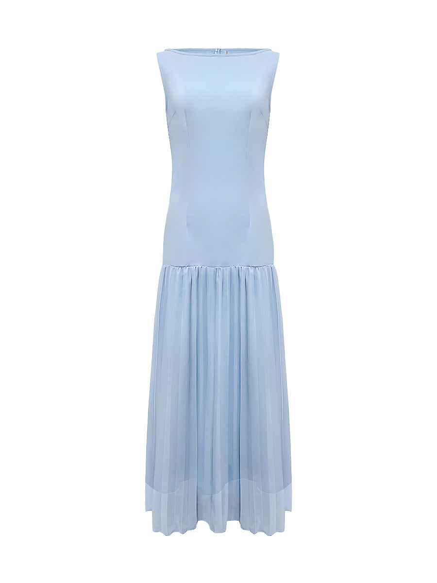 Olivia Bennet | Sleeveless Gauze Pleated Solid Color Split-Joint Boat Neck Evening Dresses Maxi Dresses