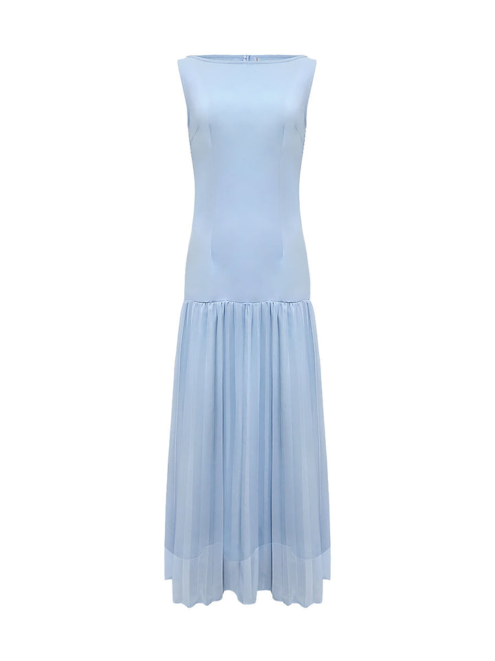 Olivia Bennet | Sleeveless Gauze Pleated Solid Color Split-Joint Boat Neck Evening Dresses Maxi Dresses