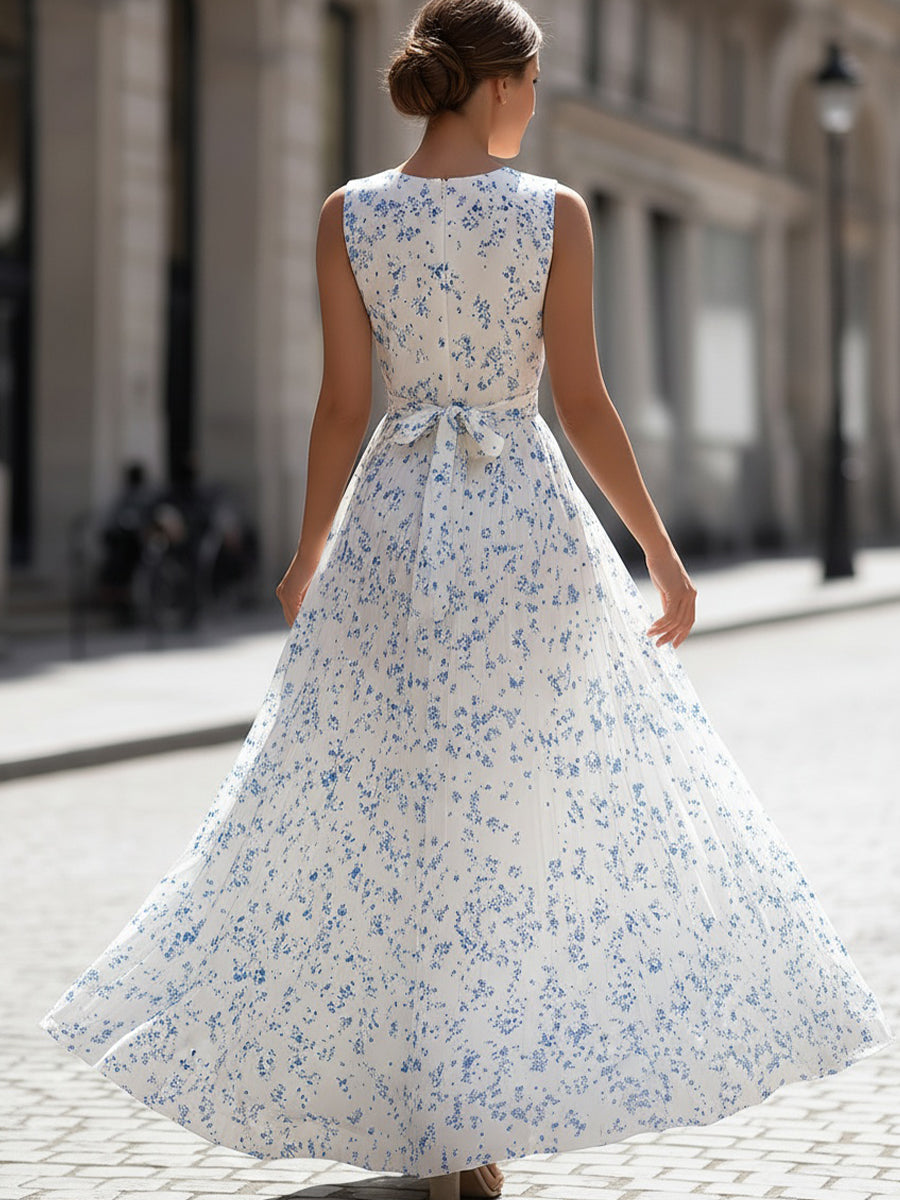 Olivia Bennet | White & Blue Ditsy Floral Sleeveless Pleated Maxi Dress