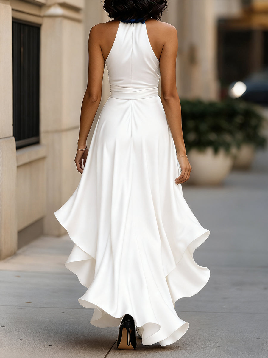 Olivia Bennet | Midnight Elegance Satin Halter Ruffle Gown