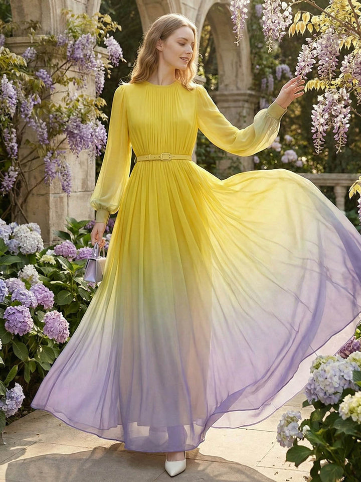 Olivia Bennet | High Waisted Long Sleeves Belted Contrast Color Gradient Pleated Split-Joint Round-Neck Maxi Dresses