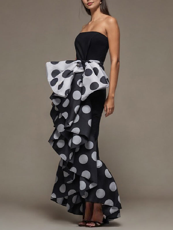 Olivia Bennet | Skinny Sleeveless Bow-Embellished Pleated Polka-Dot Split-Joint Tube Maxi Dresses