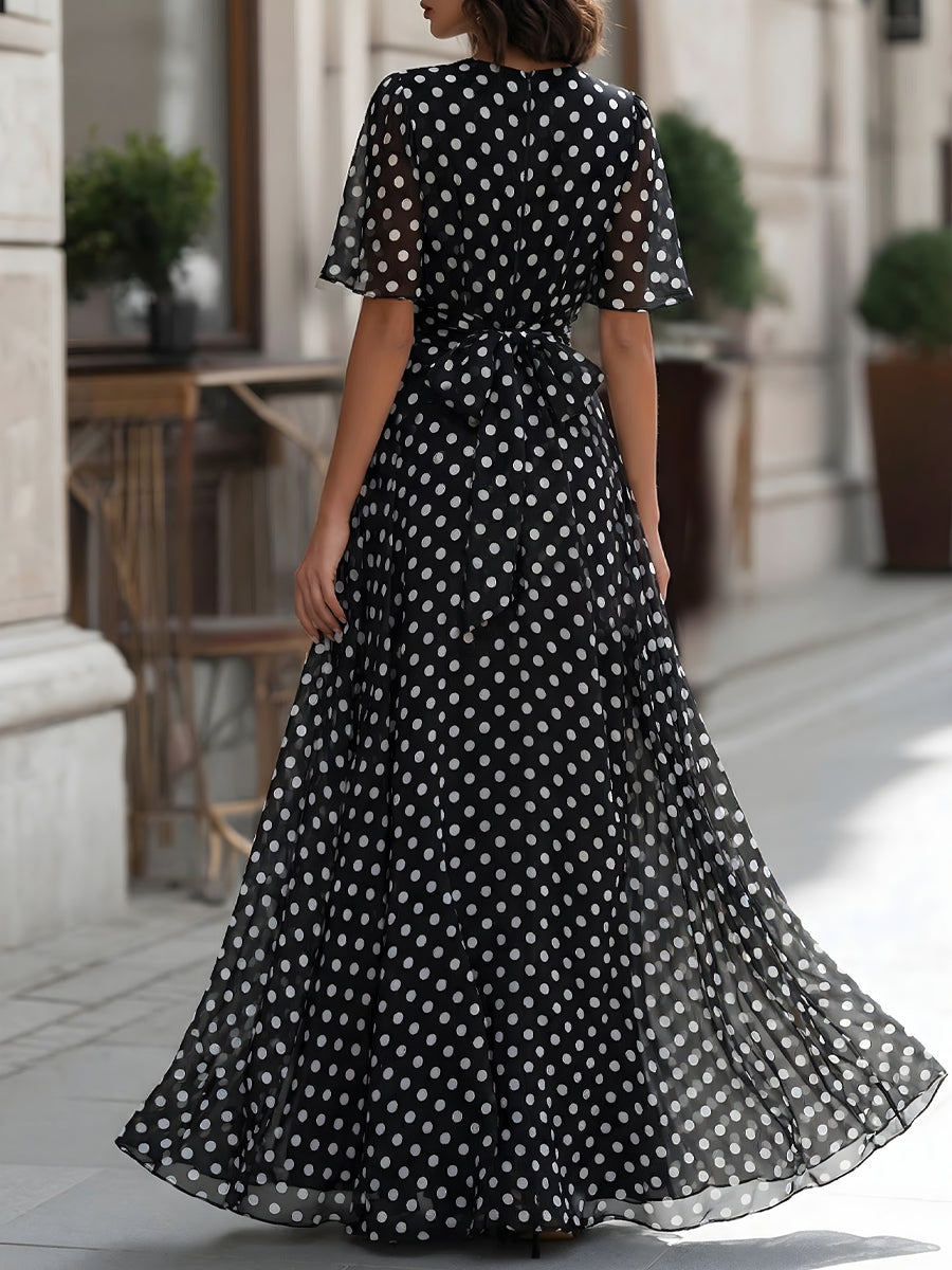 Olivia Bennet | Polka Dot Chiffon V-Neck Maxi Dress