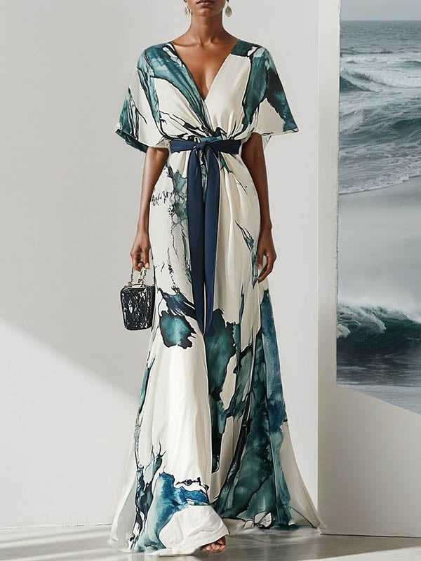 Olivia Bennet | Batwing Sleeves Loose Printed Tied Waist V-Neck Evening Dresses Maxi Dresses