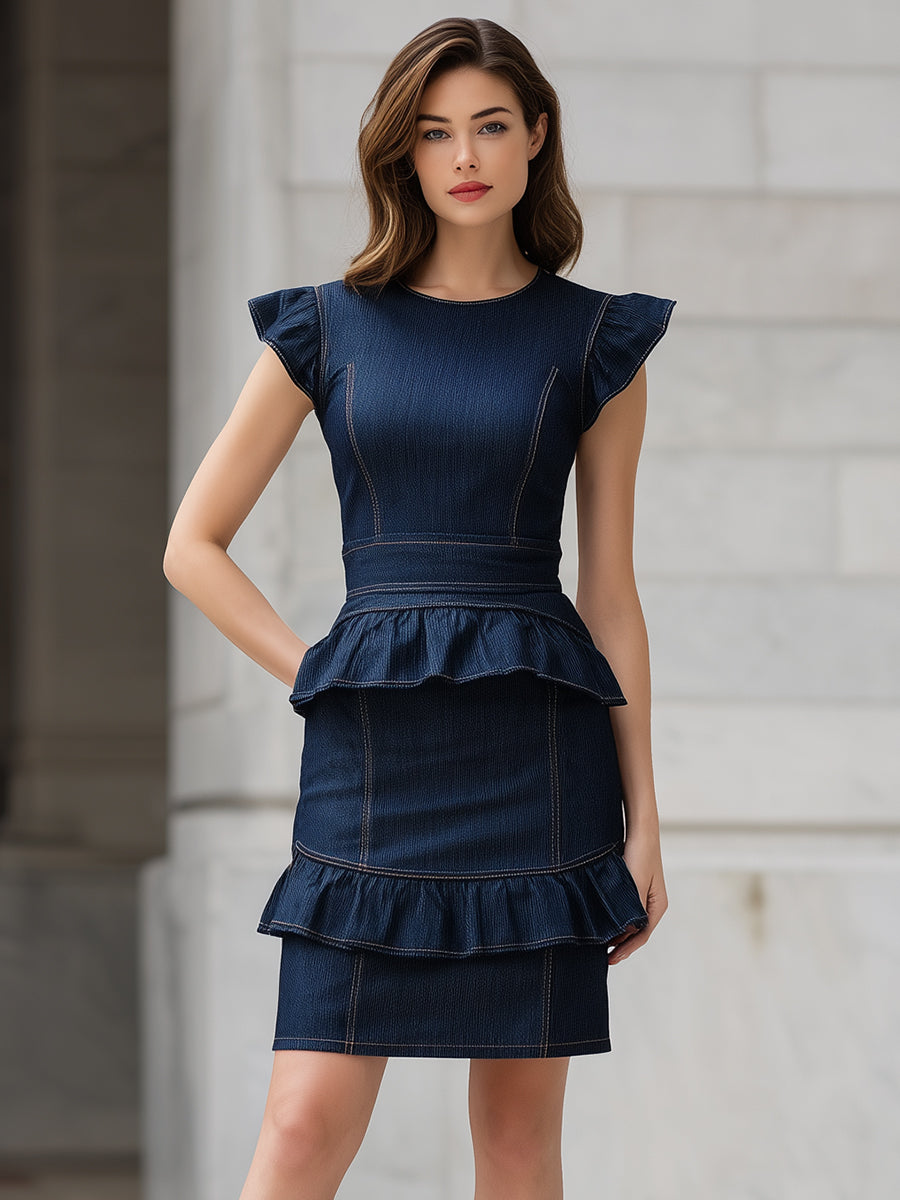 Olivia Bennet | Indigo Structured Ruffled Peplum Denim Dress